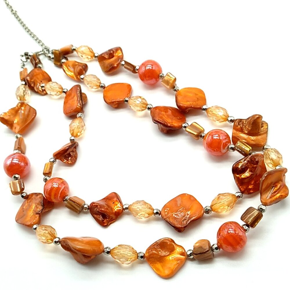 Baltic Amber Double Strand Necklace with Glass, Acrylic Beads, Silver Spacers